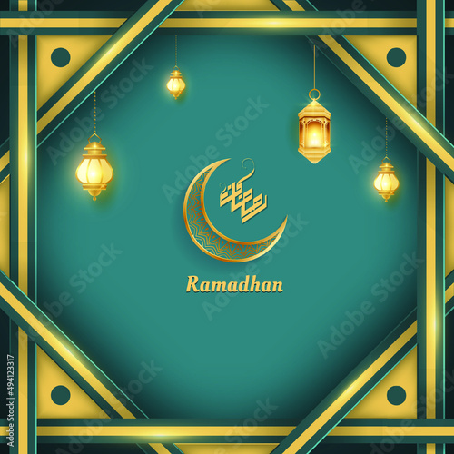 Greeting of marhaban ya ramadhan with lettering. ied Mubarak, elegant blue background Template (English: Welcome Ramadan)