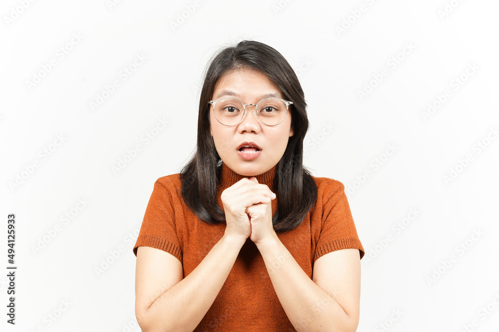 Begging Gesture Of Beautiful Asian Woman Isolated On White Background Begging Gesture Of Beautiful Asian Woman Isolated On White Background