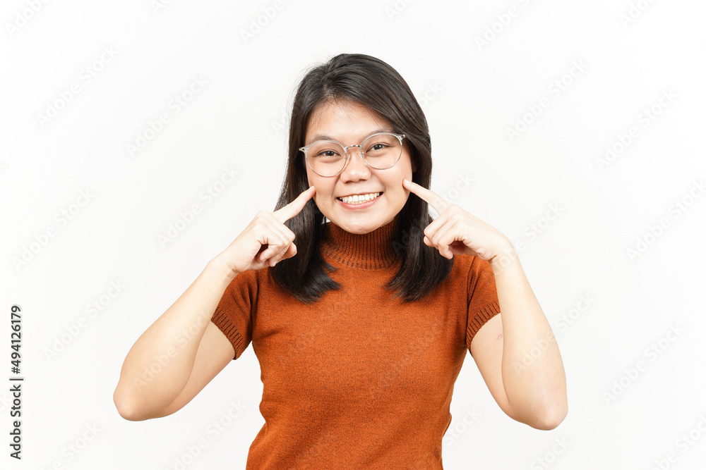 Smiling and Finger Touch Cheek Of Beautiful Asian Woman Isolated On White Background Smiling and Finger Touch Cheek Of Beautiful Asian Woman Isolated On White Background