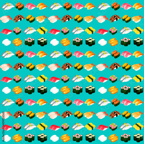 色々な種類のお寿司のシームレスパターン 食べ物柄の手描き水彩イラストテキスタイル