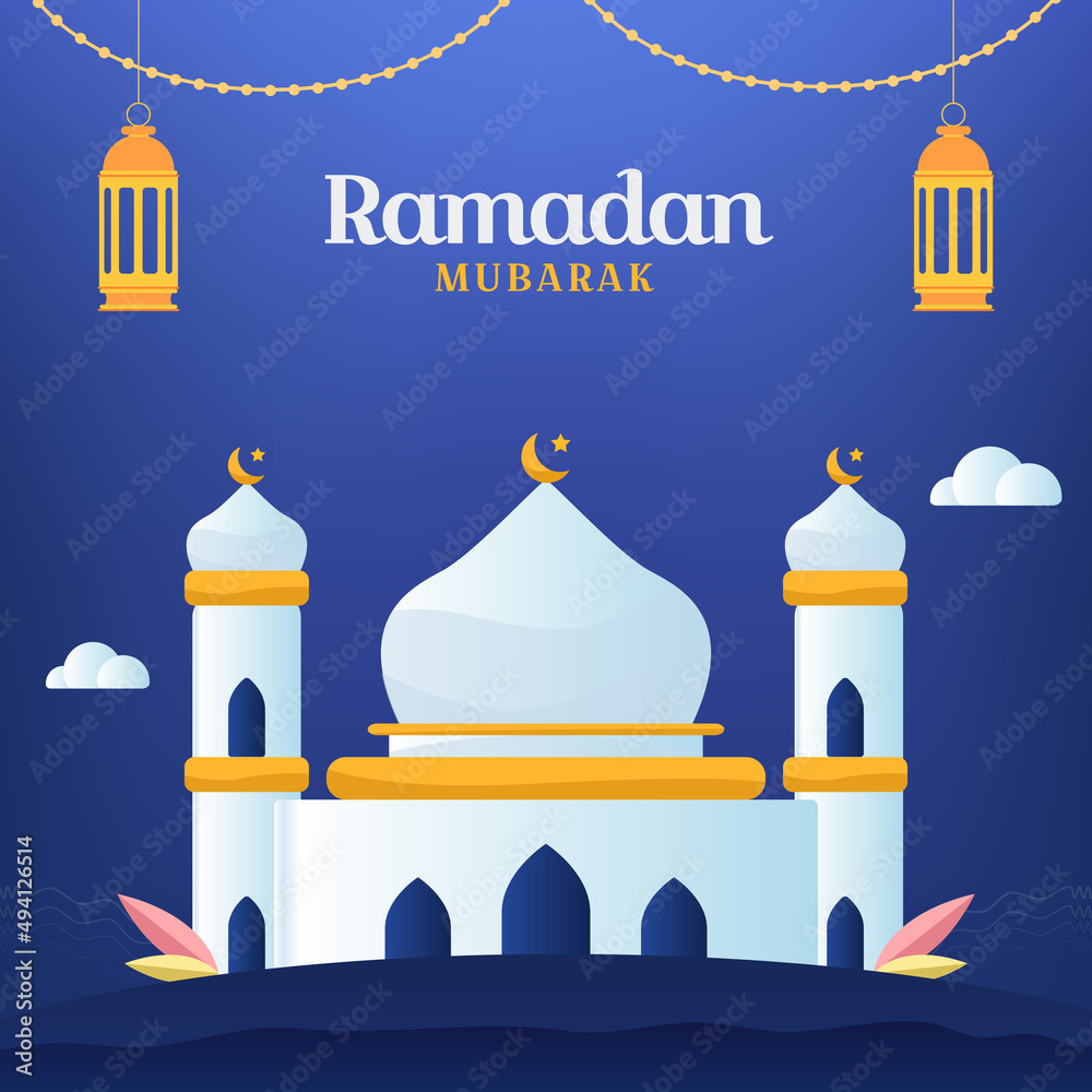 Naklejka premium Ramadan Mubarak, which means Welcome to Ramadan. Islamic Design Template to celebrate the month of Ramadan