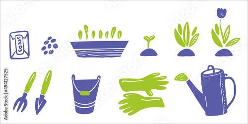 Spring garden set with flowers, sprouts, seed, box, pots, watering can, tools, gloves. Vector spring silhouette illustration isolated on white background for poster, flyer design.