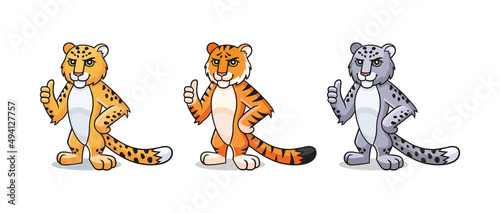 Fototapeta Naklejka Na Ścianę i Meble -  Tiger, leopard, snow leopard character is showing thumb up, appreciate. Vector cartoon comic doodle illustration, mascot, character, icon, logo. Panteras set