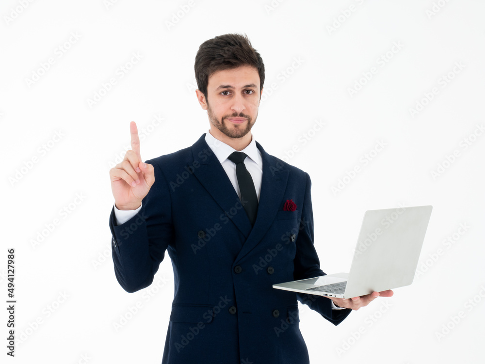 Caucasian businessman holding computer and show one finger about top rank marketing service for promote corporate isolated on white background
