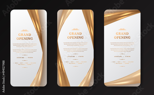 social media stories for grand opening layout announcement with shiny glossy golden satin silk decoration