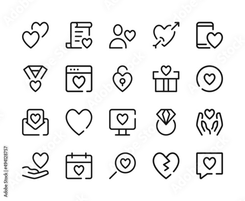 Love icons. Vector line icons set. Romance, wedding, heart, dating concepts. Outline symbols, linear graphic elements. Modern design
