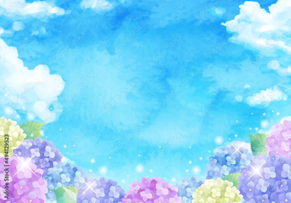 青空と虹とアジサイの梅雨のベクターイラスト背景 水彩 Art Holiday Background Vector Sky Summer Watercolor Hydrangea Rainbow Rain Rainy Season Stock Vector Adobe Stock