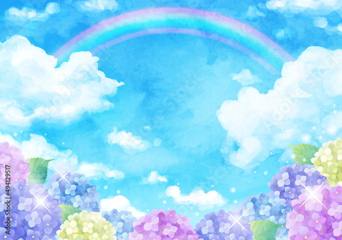 青空と虹とアジサイの梅雨のベクターイラスト背景(水彩,art,holiday,background,vector,sky,summer,watercolor,Hydrangea,Rainbow,rain,rainy season)