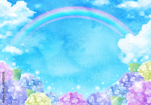 青空と虹とアジサイの梅雨のベクターイラスト背景(水彩,art,holiday,background,vector,sky,summer,watercolor,Hydrangea,Rainbow,rain,rainy season)