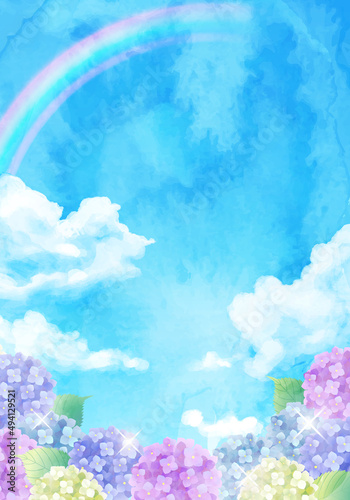 青空と虹とアジサイの梅雨のベクターイラスト背景(水彩,art,holiday,background,vector,sky,summer,watercolor,Hydrangea,Rainbow,rain,rainy season)
