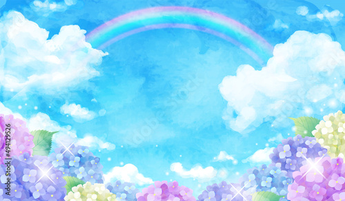 青空と虹とアジサイの梅雨のベクターイラスト背景(水彩,art,holiday,background,vector,sky,summer,watercolor,Hydrangea,Rainbow,rain,rainy season)