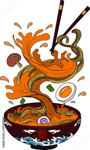 Traditional Japanese ramen and wave for restaurant printing on wallpaper.Ramen vector illustration for doodle art.Asian food.