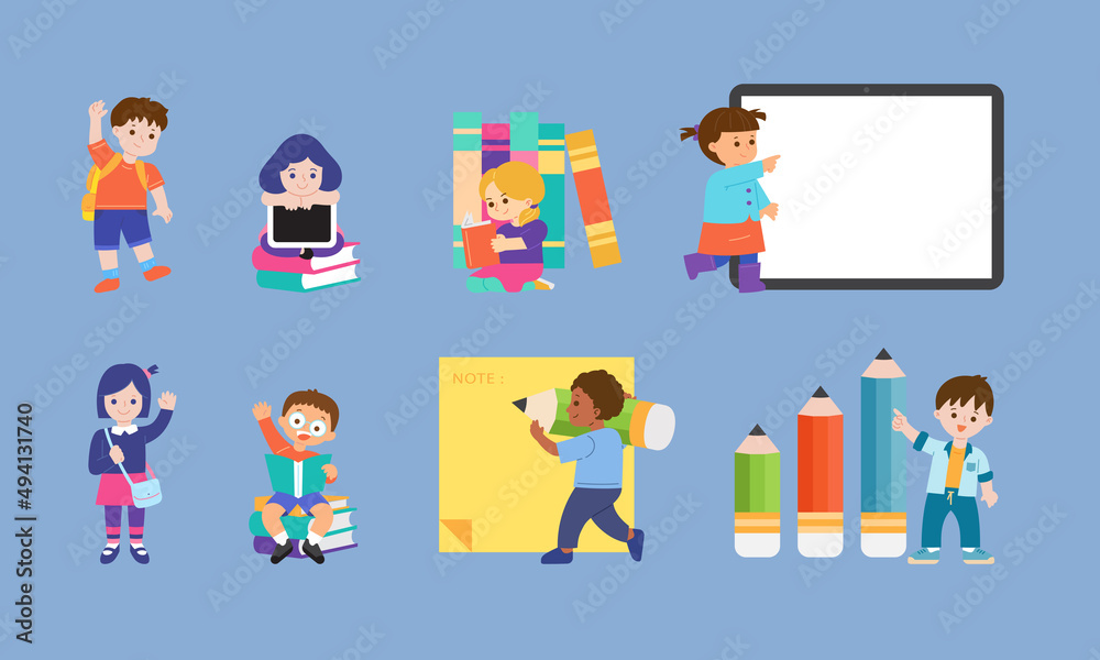 kids and learning flat vector illustration. boys and girls student elementary pose action for decoration, presentation, brochure, poster, education, etc.
