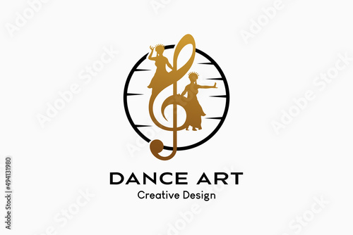 Dance music logo design with creative concept, tone icon with silhouette of dancing woman blending with nature. Vector premium