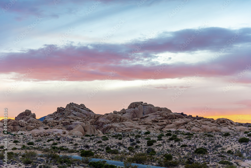 Joshua Tree National Park at sunset with beautiful desert landscape over Mojave Desert. 