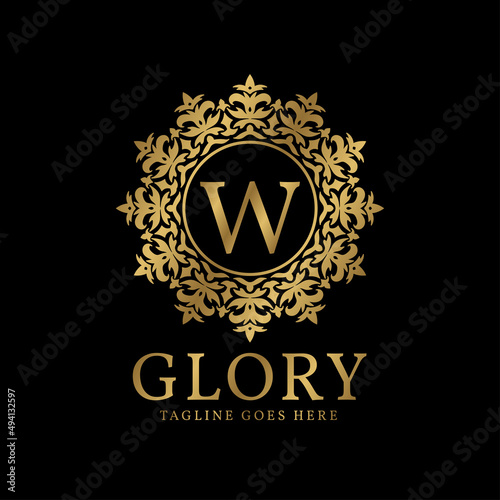 letter W glory crest luxury circular plants vintage vector logo design