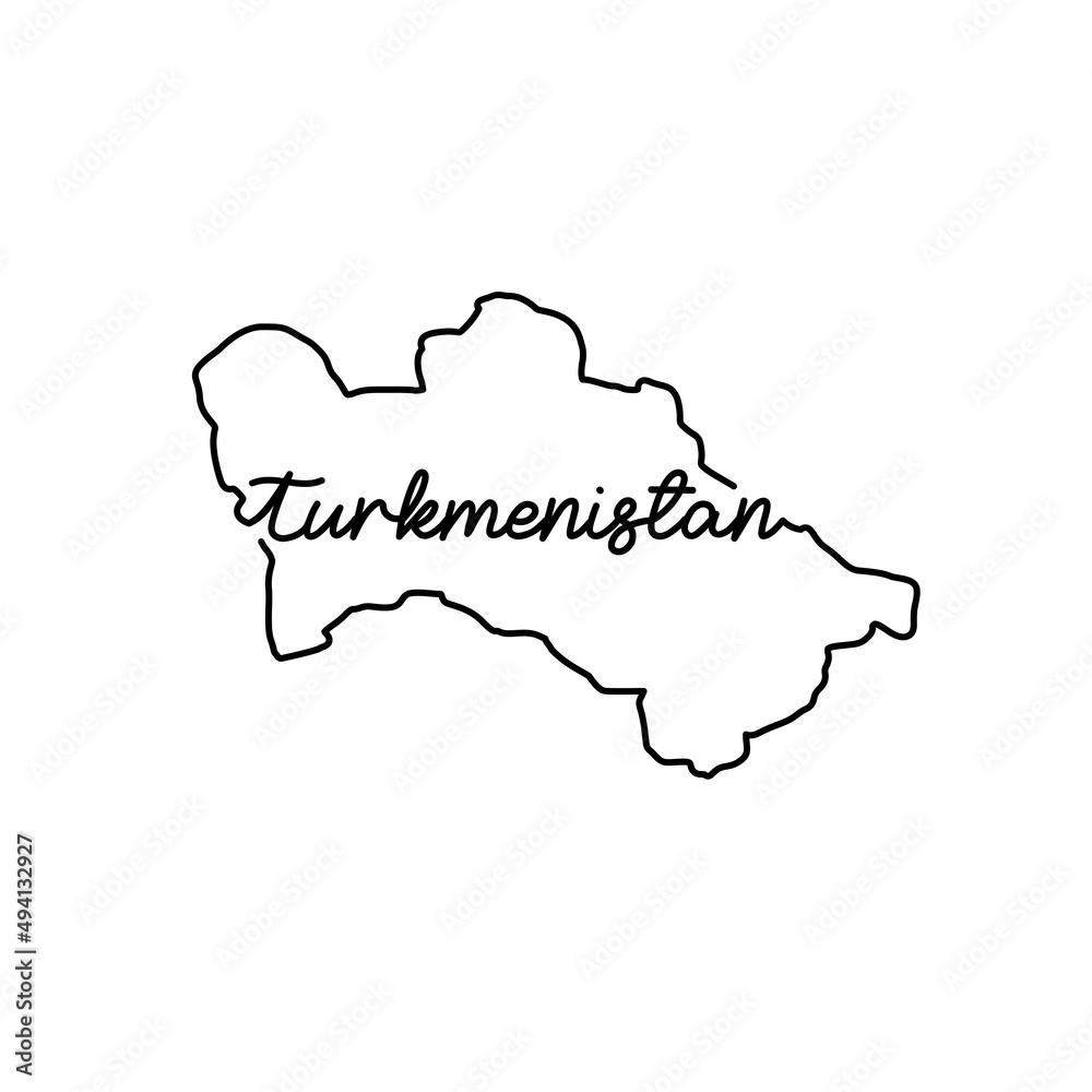 Turkmenistan outline map with the handwritten country name. Continuous line drawing of patriotic home sign. A love for a small homeland. T-shirt print idea. Vector illustration.