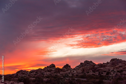 Panoramic scenic view in Joshua Tree National Park at sunset with bright pink, orange tones in dramatic sky. 