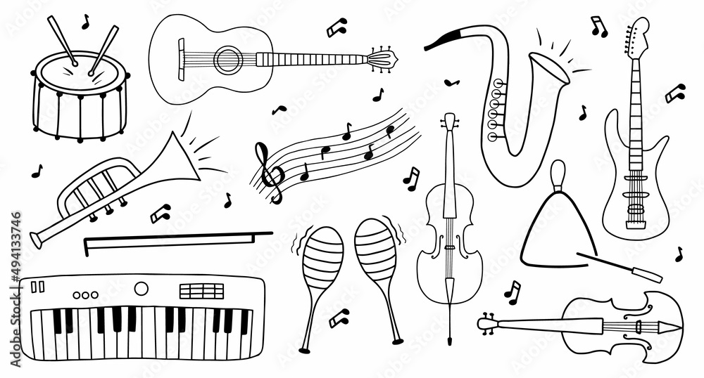 Set of musical instruments in doodle style. Violin, guitar, synthesizer ...