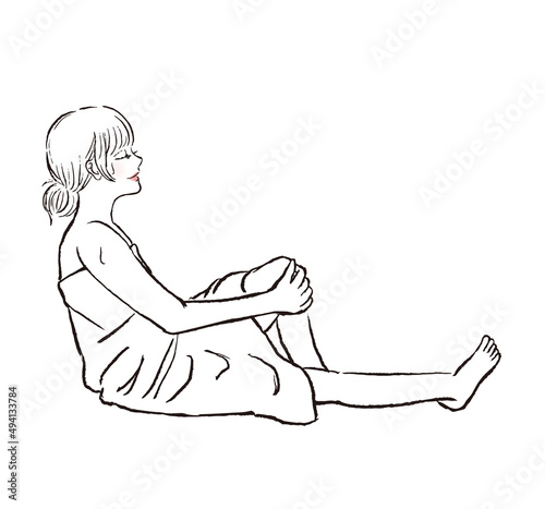 サウナに入る女性。ロングヘアで目を閉じて座っている全身のイラスト。