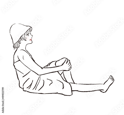 サウナハットを着けてサウナに入る女性。ロングヘアで座っている全身のイラスト。