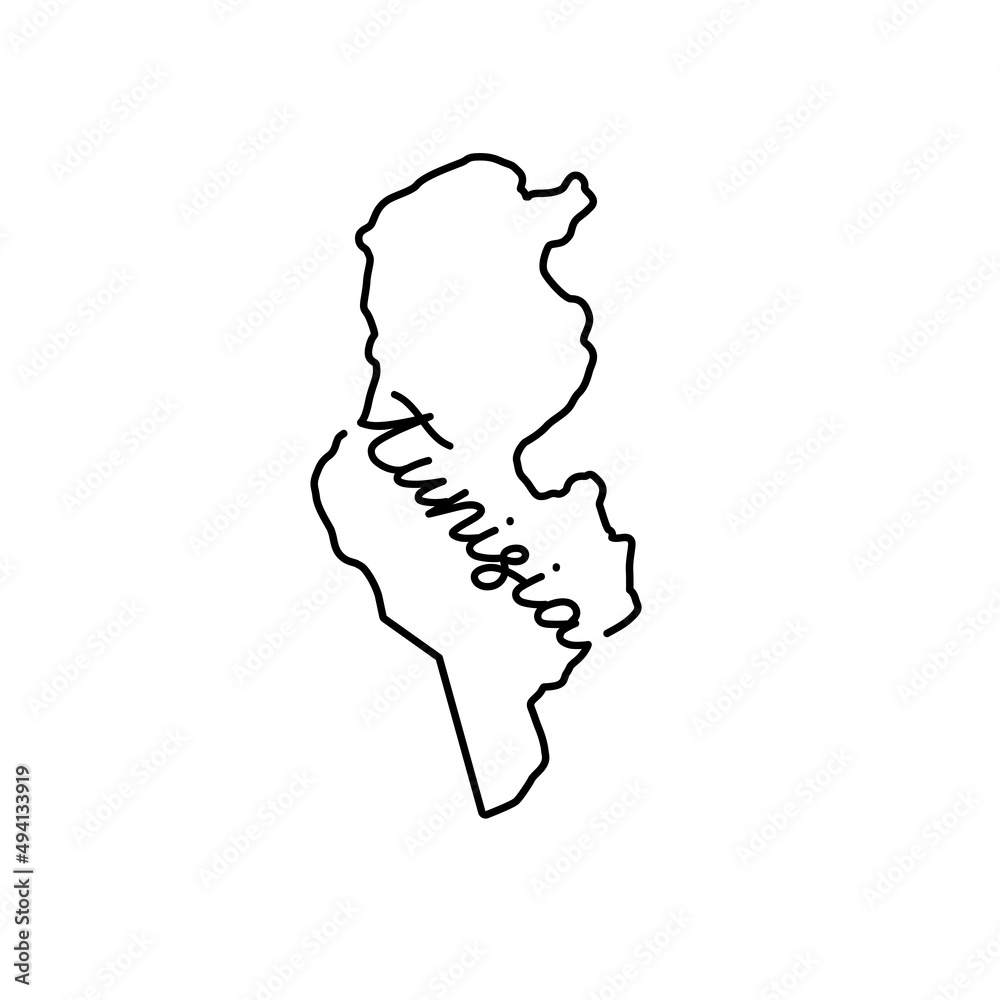 Tunisia outline map with the handwritten country name. Continuous line drawing of patriotic home sign. A love for a small homeland. T-shirt print idea. Vector illustration. Tunisia outline map with the handwritten country name. Continuous line drawing of patriotic home sign. A love for a small homeland. T-shirt print idea. Vector illustration.