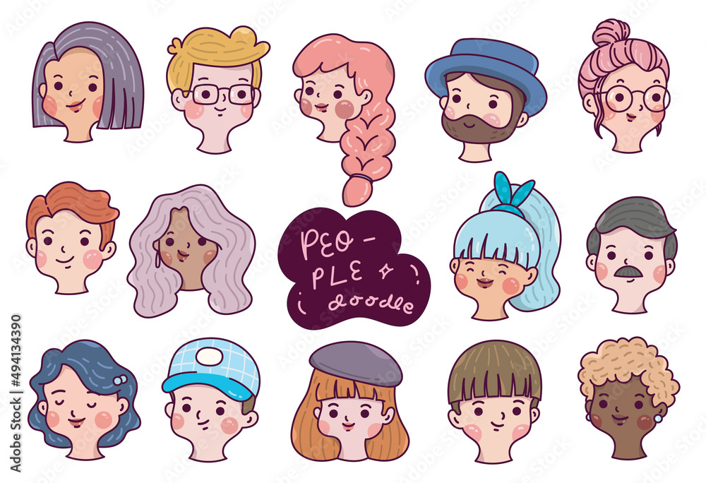 Set of people avatars, hand drawn diverse faces in cartoon doodle style, Vector Illustration Set of people avatars, hand drawn diverse faces in cartoon doodle style, Vector Illustration