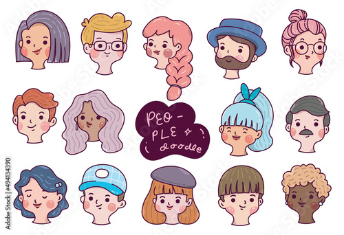 Set of people avatars, hand drawn diverse faces in cartoon doodle style, Vector Illustration