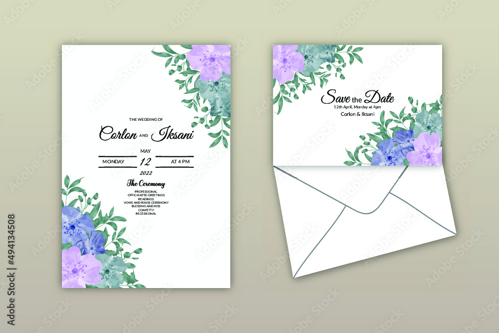 Elegant set of wedding invitation cards with beautiful purple floral Free Vector