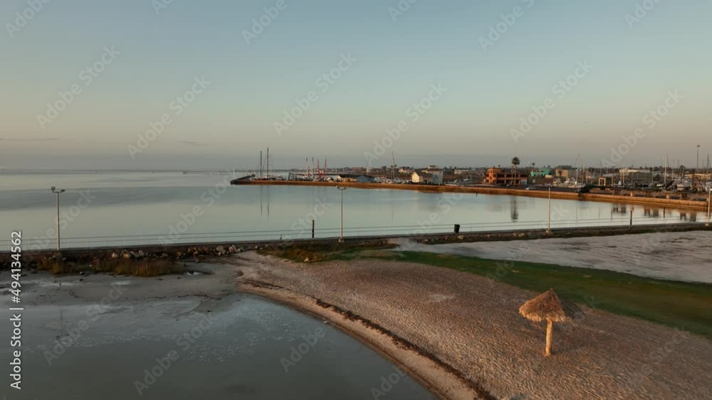 Aerial view of Rockport marina at sunrise