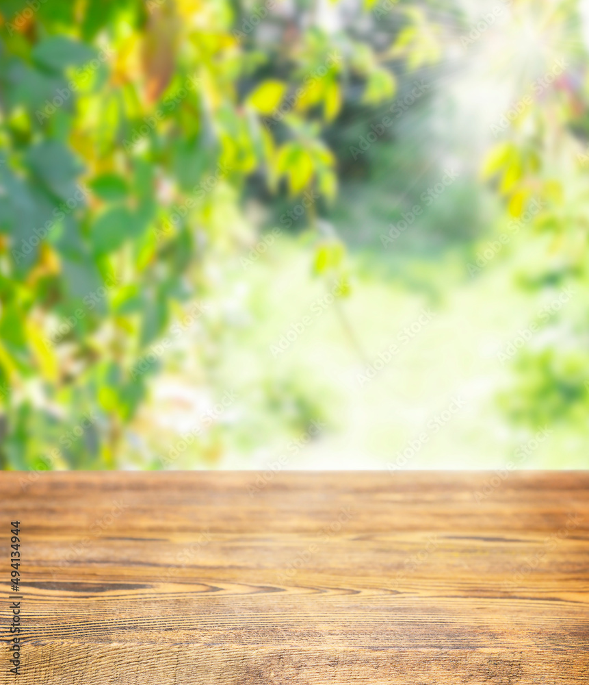 wooden surface on the background of the garden in summer wooden surface on the background of the garden in summer