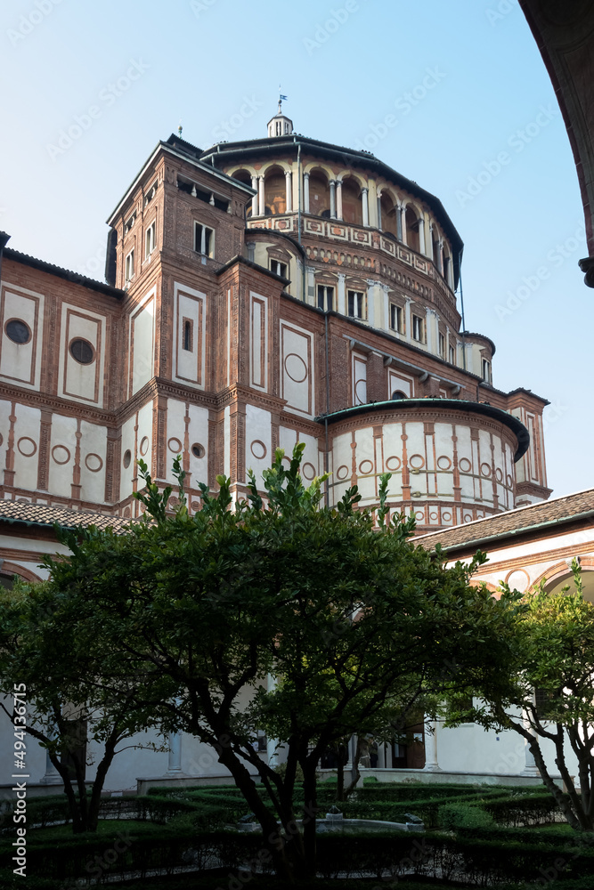 Architectural detail of the Santa Maria delle Grazie (Holy Mary of Grace) church, 1497, and Dominican convent, a UNESCO World Heritage Site containing The Last Supper by Leonardo da Vinci in Milan