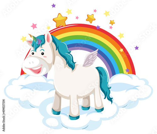 Blue unicorn standing on a cloud with rainbow