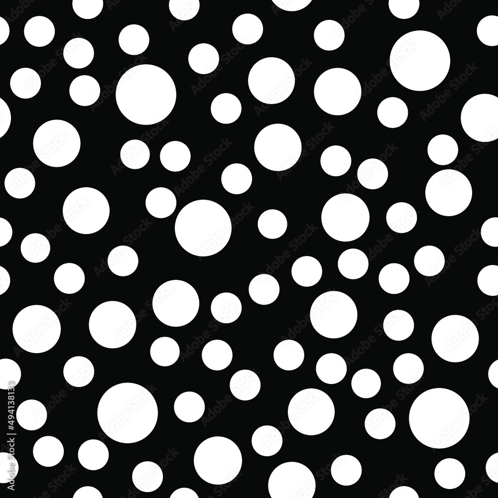 Black and white seamless background. White circles on a black background.