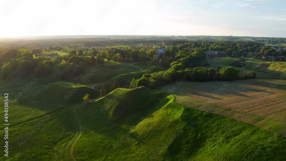 Aerial View Of Archaeological Site Of Kernave, Tourist Attraction In Lithuania. drone pullback Aerial View Of Archaeological Site Of Kernave, Tourist Attraction In Lithuania. drone pullback