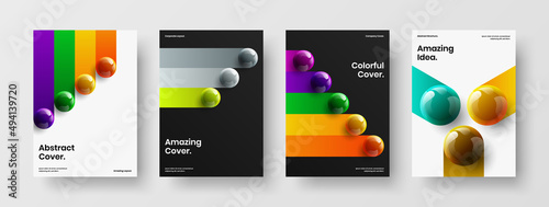 Clean cover A4 design vector template bundle. Bright realistic spheres handbill layout collection.