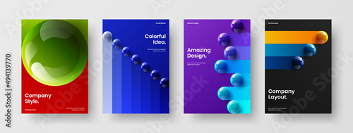 Clean 3D balls book cover template bundle. Bright booklet design vector illustration composition.