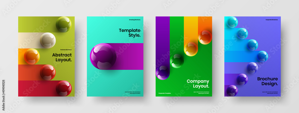 Simple realistic spheres presentation concept bundle. Multicolored placard A4 design vector illustration composition.