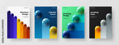 Geometric magazine cover design vector illustration set. Fresh realistic spheres corporate brochure concept composition.
