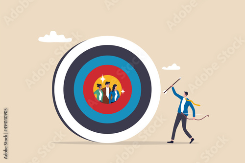 Target customer or target audience to aim for advertising, selected group to optimize ads or HR choose focused candidates concept, businessman marketer archer aim for customers in bullseye target.