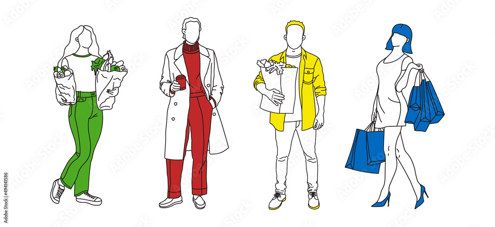 People with purchases. Grocery bags, takeaway coffee, clothes, jewelry, paper bags. Line art and bright colors. Vector graphic. People with purchases. Grocery bags, takeaway coffee, clothes, jewelry, paper bags. Line art and bright colors. Vector graphic.