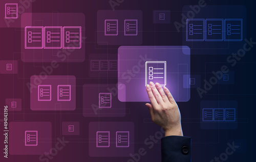 female hand checks documents on a holographic screen. The concept of compliance control, documents with a mark