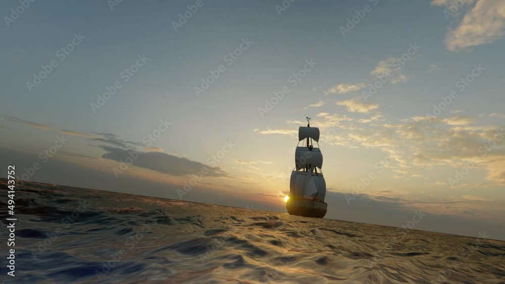 The sailboat set out towards the sunrise in the morning The sailboat set out towards the sunrise in the morning