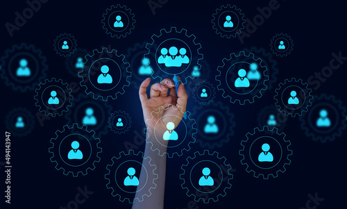office workers icons in round gears and female hand. Concept of hierarchy in the company, corporate ethics of employees. Recruitment of personnel