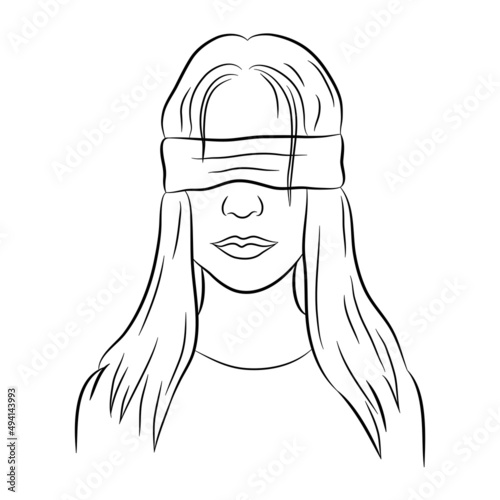 Illustration of a blindfolded girl, a children's fun game of pinkeye. listening to sounds, not seeing. Isolated on white background. Vector graphics