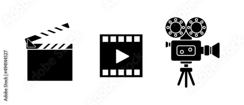 Set of movie icons, clapper, movie film, old retro video camera. For camerawork and editing. Isolated on white background. Vector graphics