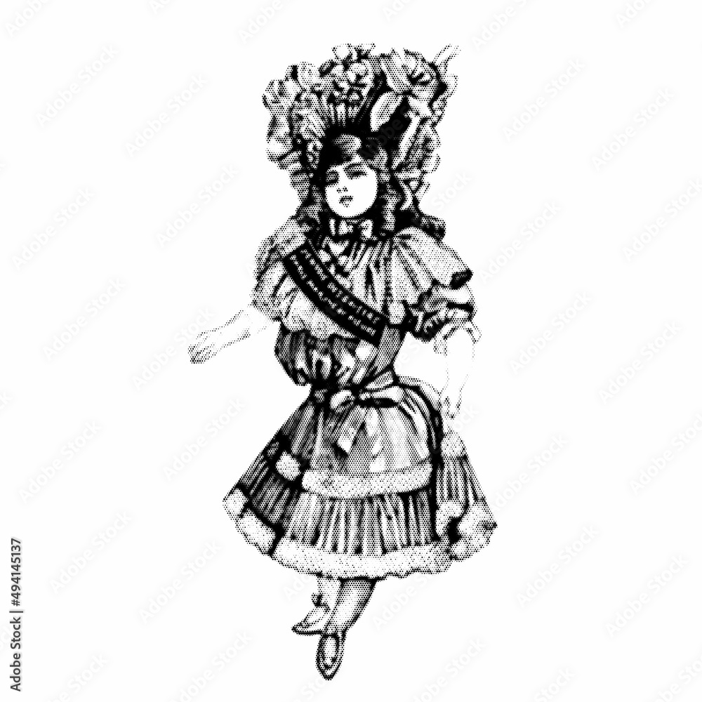 Retro doll girl. Halftone style. Vintage vector illustration.