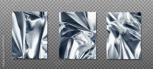3d realistic vector icon. Collection of wrinkled foil texture formats in rectangular shape. Isolated on white background square rumpled foil.