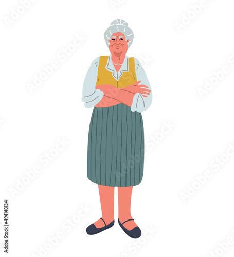 Angry asian senior woman,with crossed arms.Cartoon style