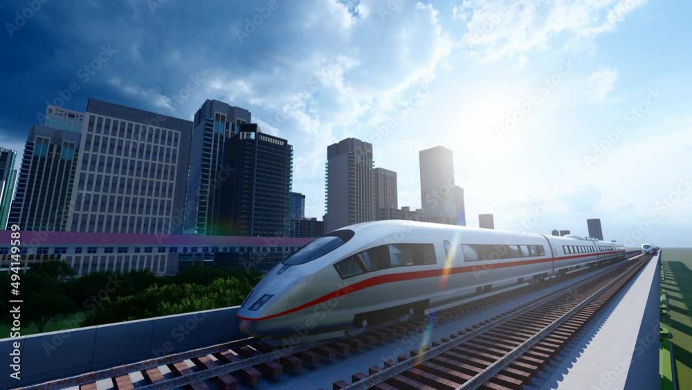 The light rail train of urban high-speed railway crosses the urban area